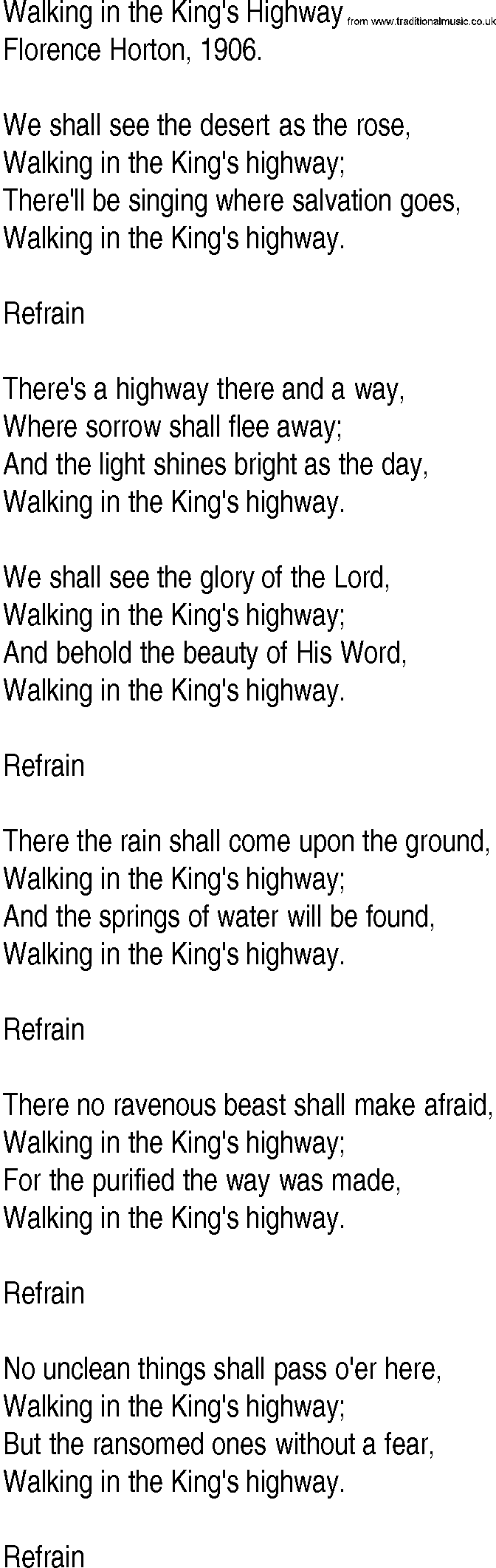 Hymn and Gospel Song: Walking in the King's Highway by Florence Horton lyrics