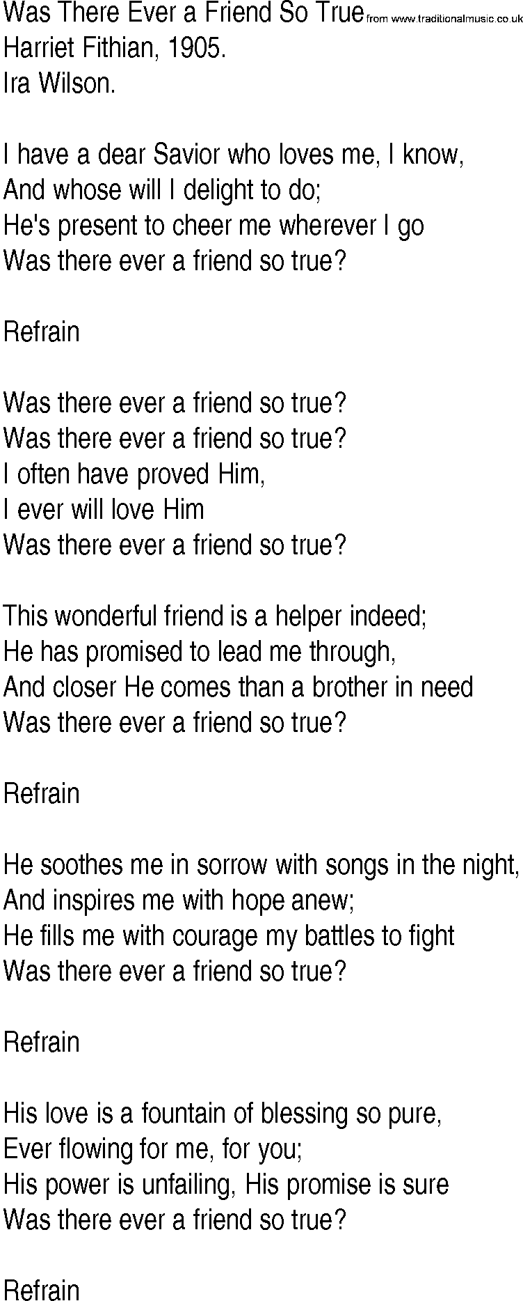 Hymn and Gospel Song: Was There Ever a Friend So True by Harriet Fithian lyrics