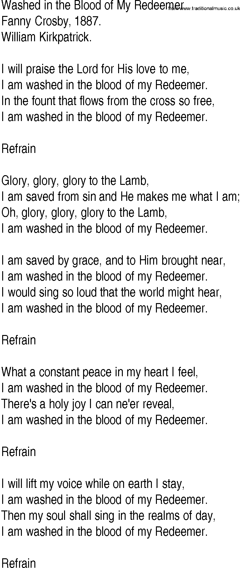 Hymn and Gospel Song: Washed in the Blood of My Redeemer by Fanny Crosby lyrics