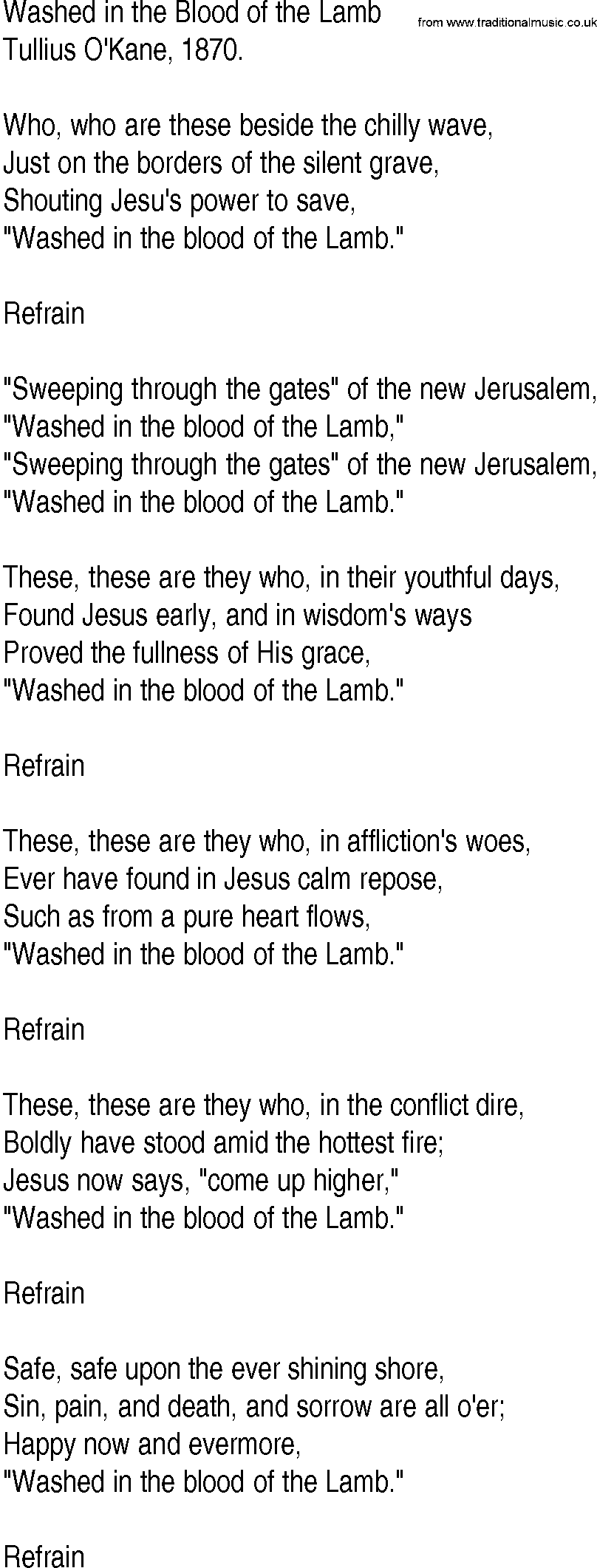 Hymn and Gospel Song: Washed in the Blood of the Lamb by Tullius O'Kane lyrics