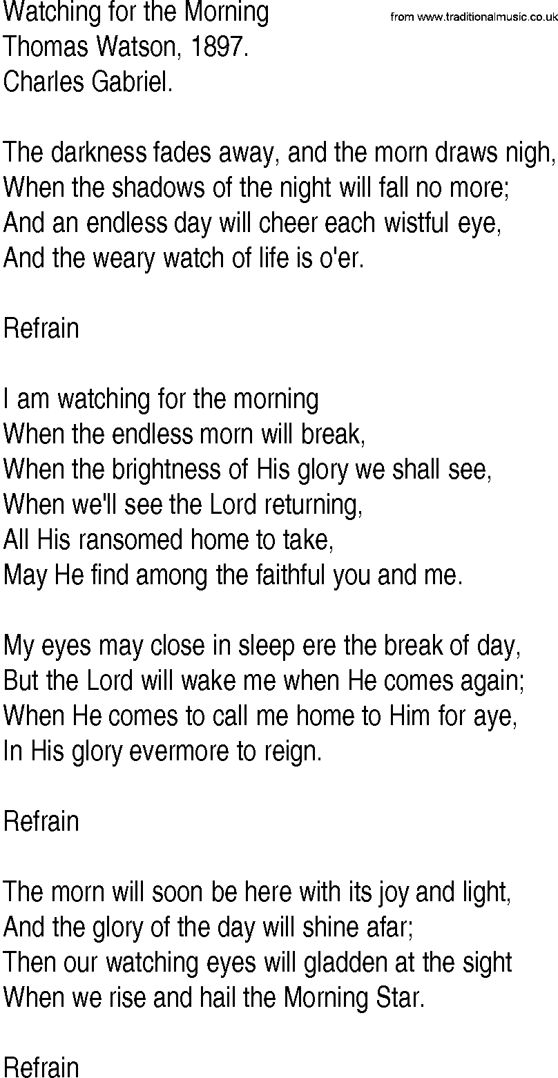 Hymn and Gospel Song: Watching for the Morning by Thomas Watson lyrics
