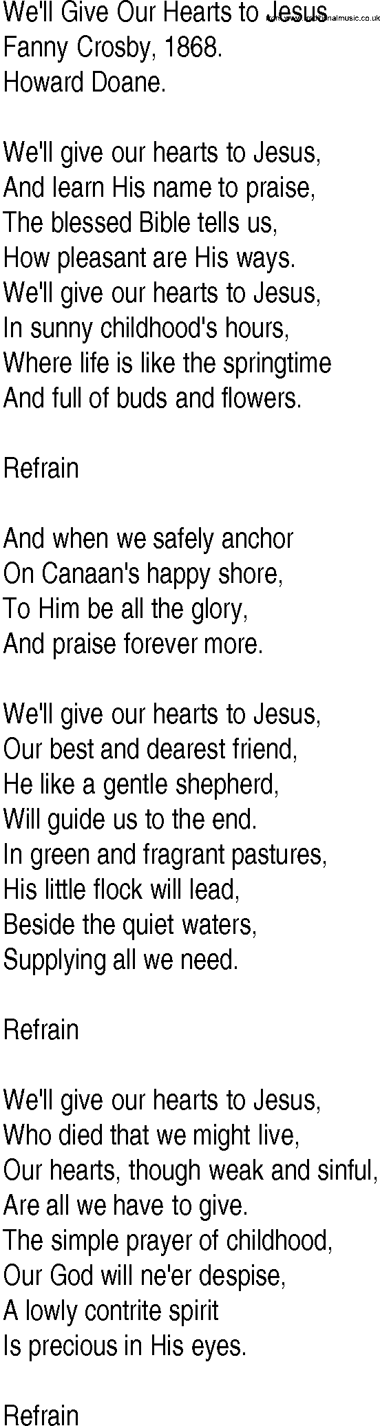 Hymn and Gospel Song: We'll Give Our Hearts to Jesus by Fanny Crosby lyrics