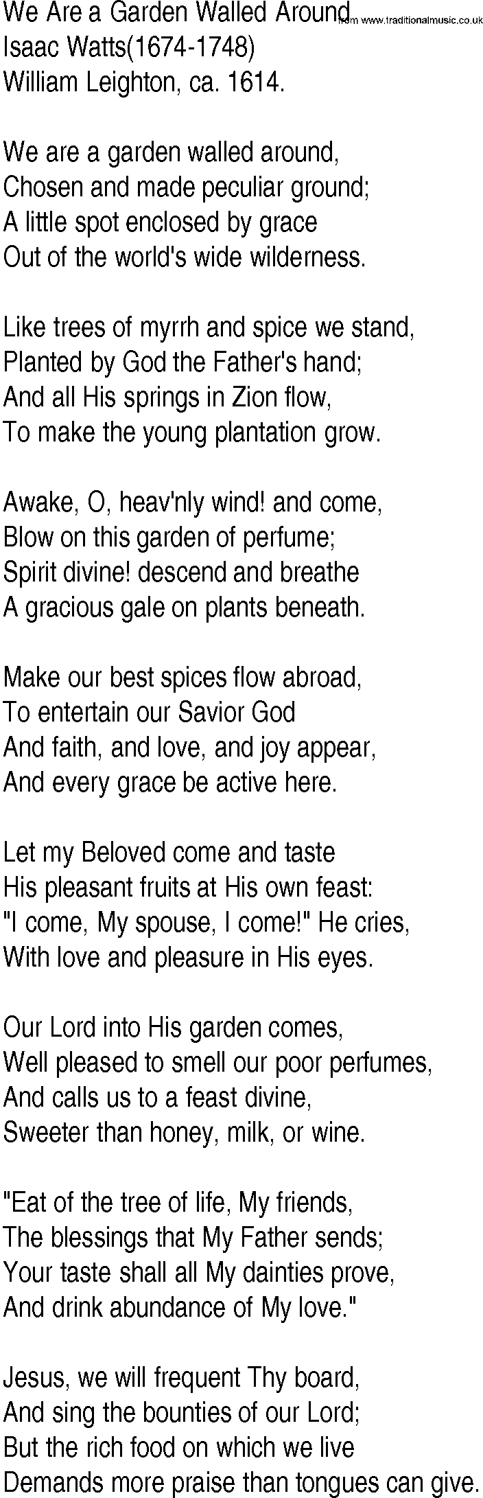 Hymn and Gospel Song: We Are a Garden Walled Around by Isaac Watts lyrics
