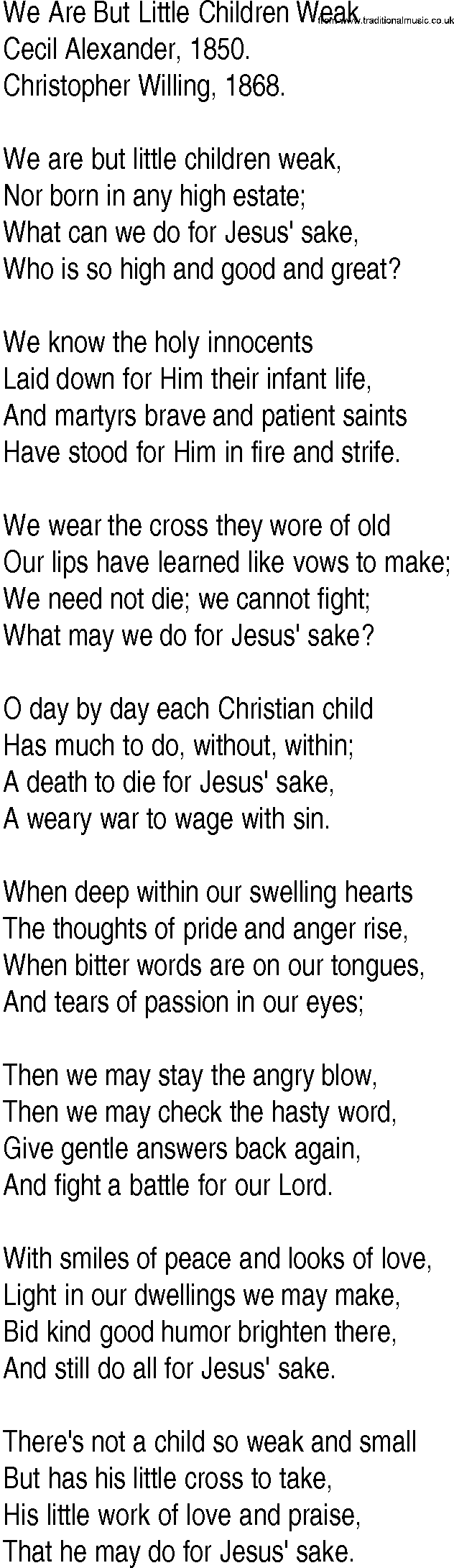 Hymn and Gospel Song: We Are But Little Children Weak by Cecil Alexander lyrics