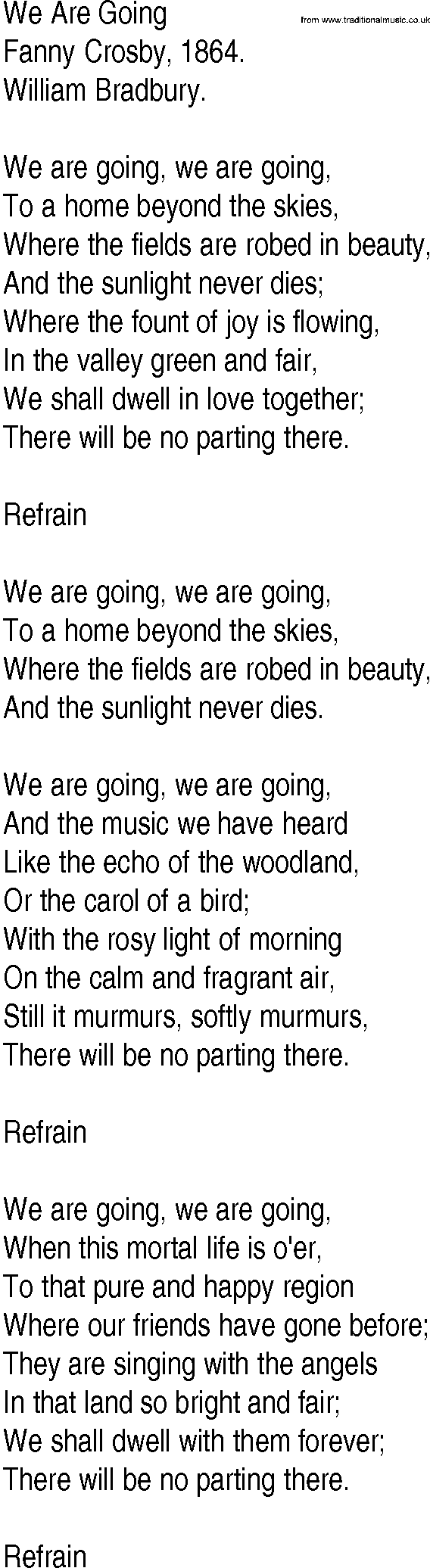 Hymn and Gospel Song: We Are Going by Fanny Crosby lyrics