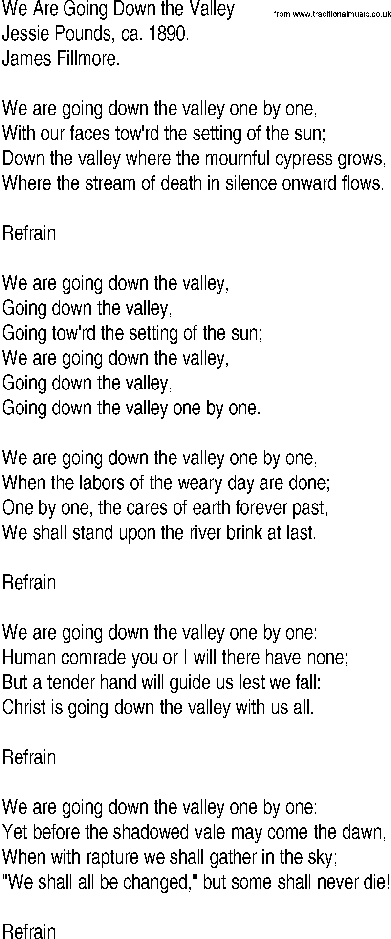 Hymn and Gospel Song: We Are Going Down the Valley by Jessie Pounds ca lyrics
