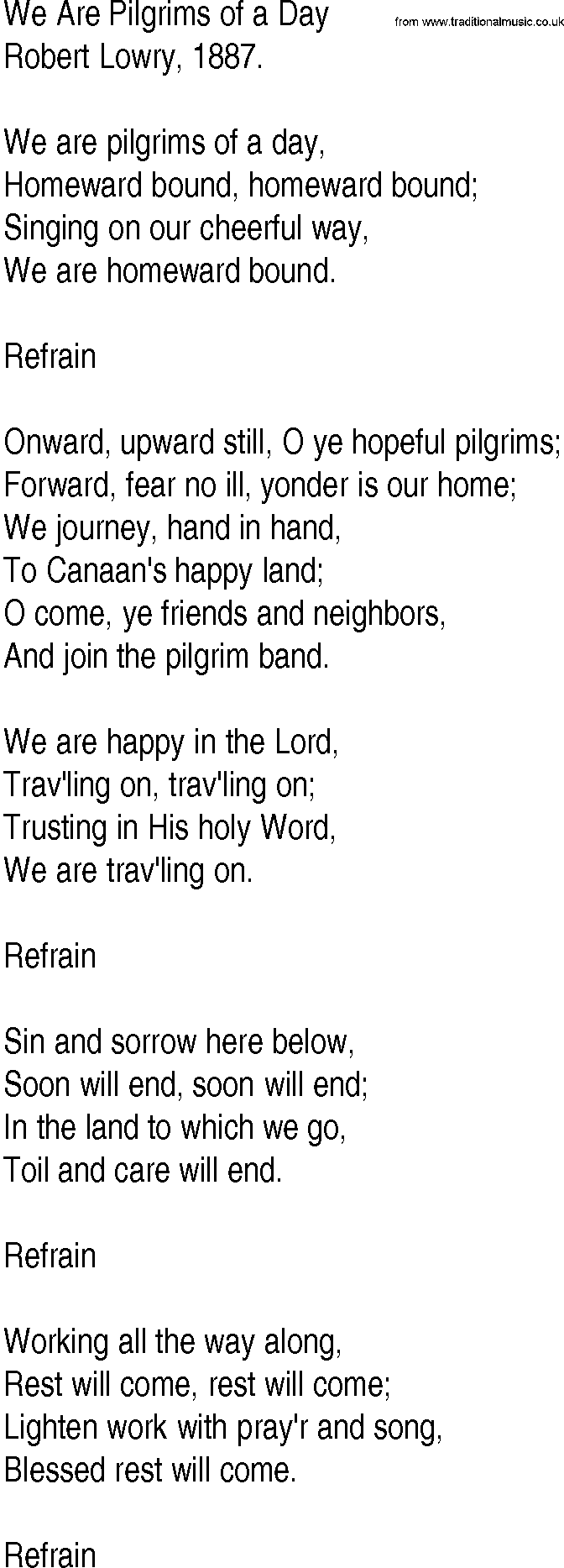 Hymn and Gospel Song: We Are Pilgrims of a Day by Robert Lowry lyrics
