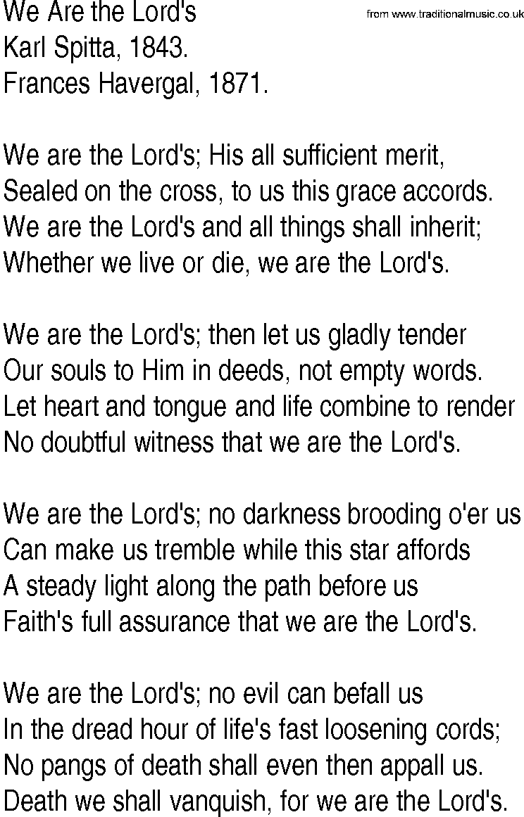 Hymn and Gospel Song: We Are the Lord's by Karl Spitta lyrics