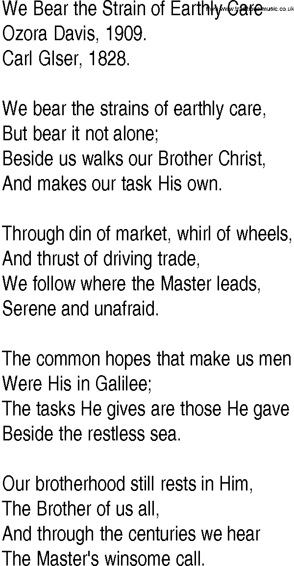 Hymn and Gospel Song: We Bear the Strain of Earthly Care by Ozora Davis lyrics