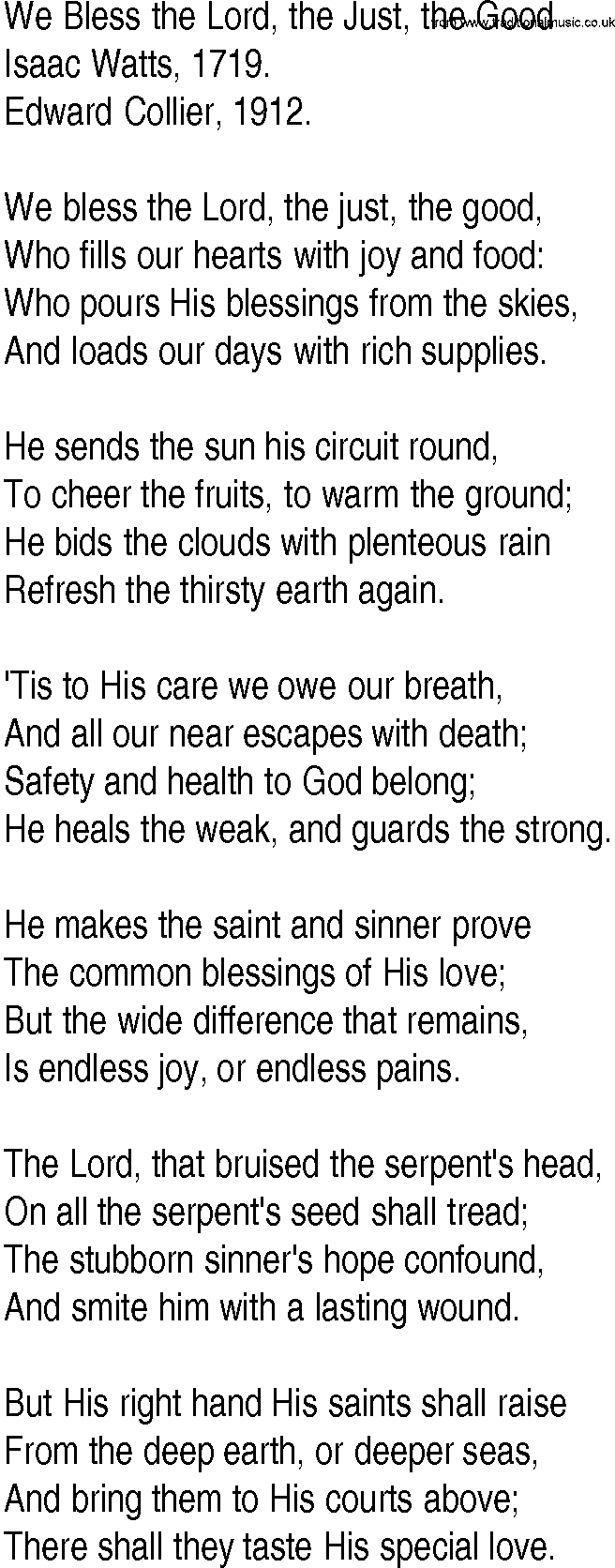 Hymn and Gospel Song: We Bless the Lord, the Just, the Good by Isaac Watts lyrics