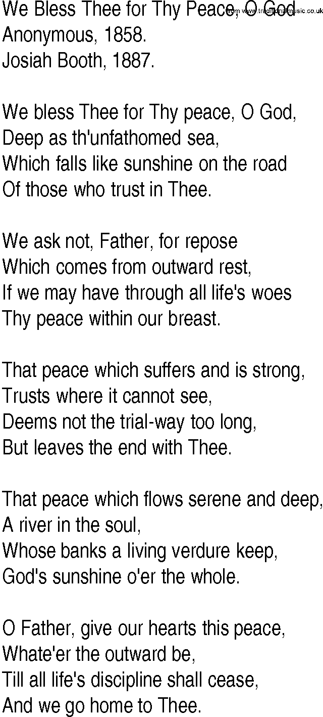 Hymn and Gospel Song: We Bless Thee for Thy Peace, O God by Anonymous lyrics