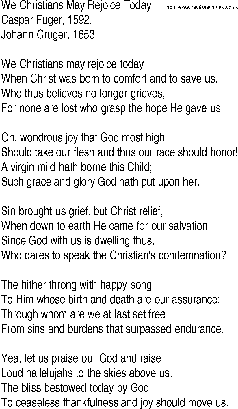 Hymn and Gospel Song: We Christians May Rejoice Today by Caspar Fuger lyrics