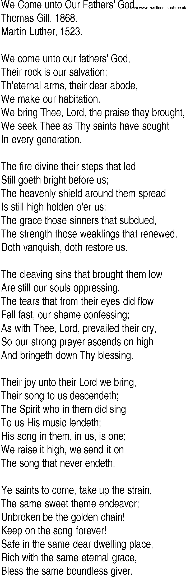 Hymn and Gospel Song: We Come unto Our Fathers' God by Thomas Gill lyrics