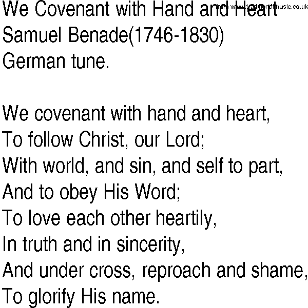 Hymn and Gospel Song: We Covenant with Hand and Heart by Samuel Benade lyrics