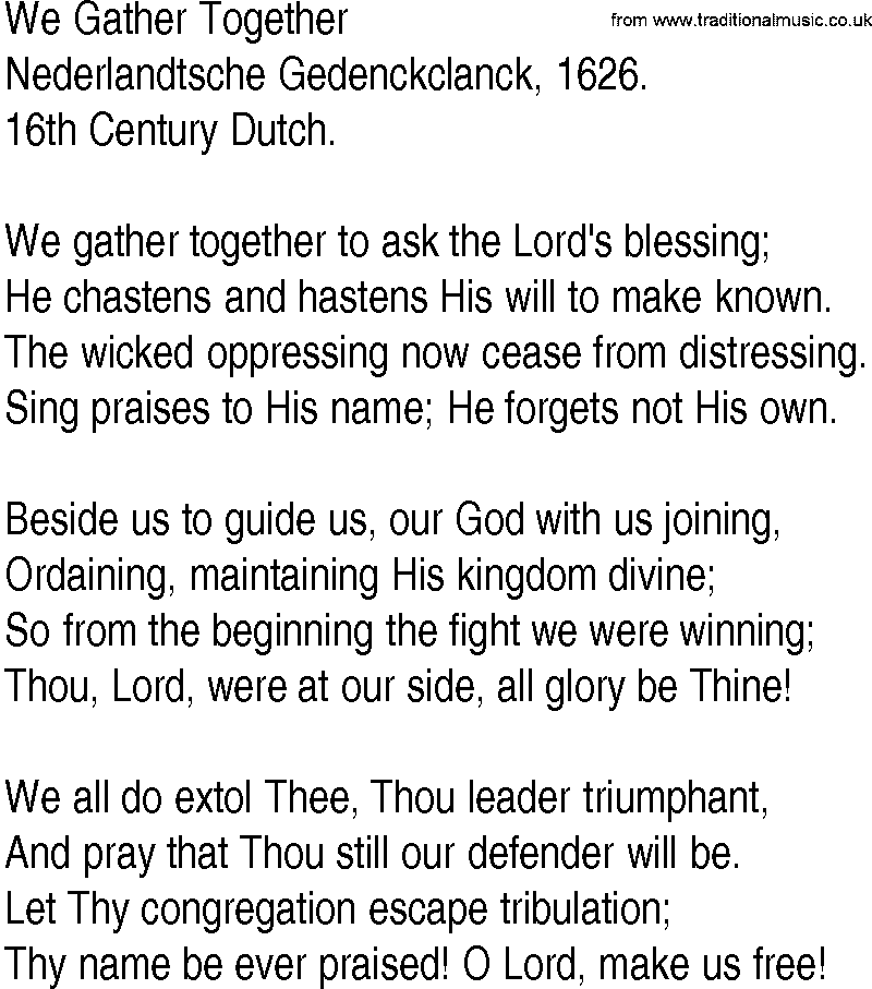 Hymn and Gospel Song: We Gather Together by Nederlandtsche Gedenckclanck lyrics