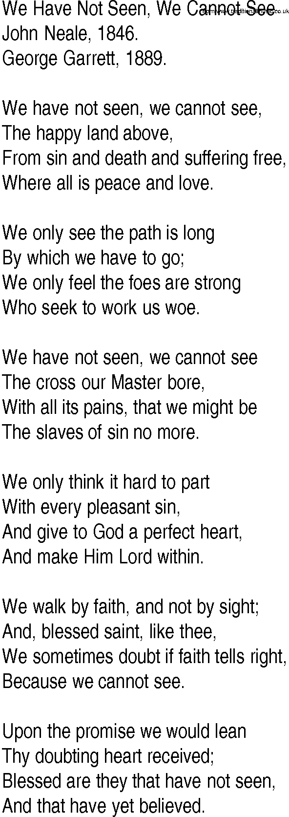 Hymn and Gospel Song: We Have Not Seen, We Cannot See by John Neale lyrics