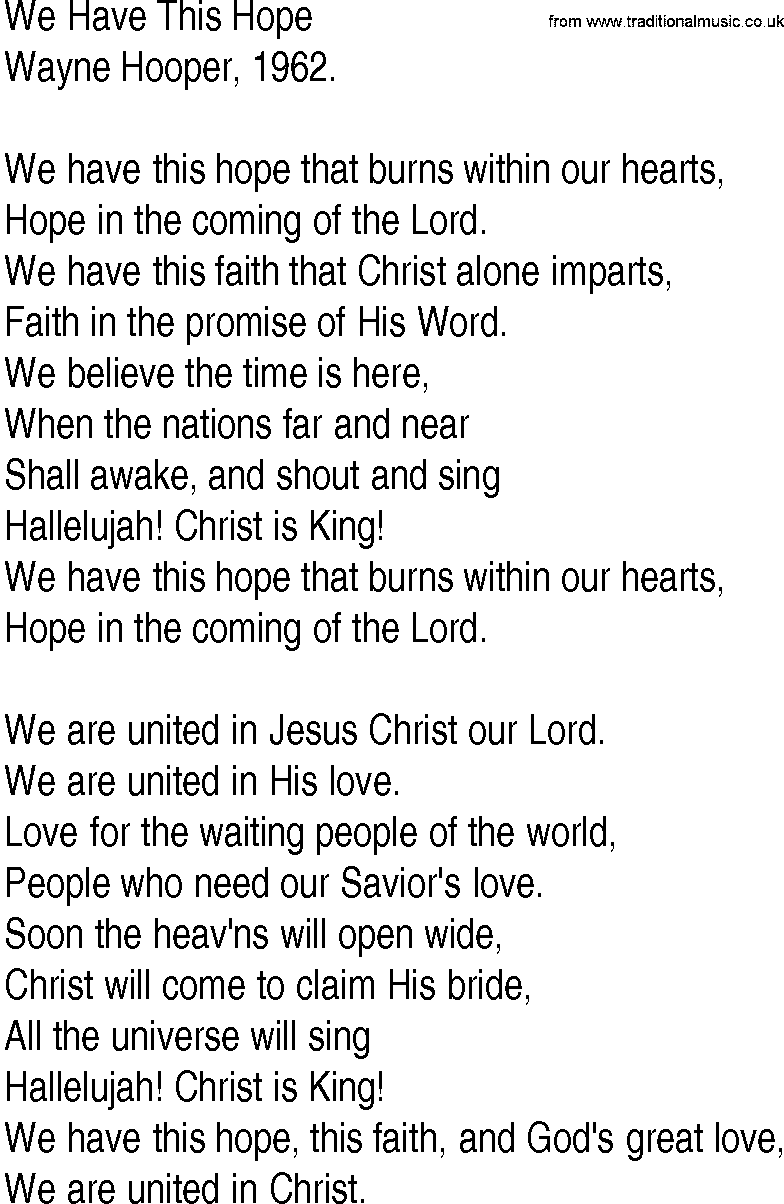 Hymn and Gospel Song: We Have This Hope by Wayne Hooper lyrics