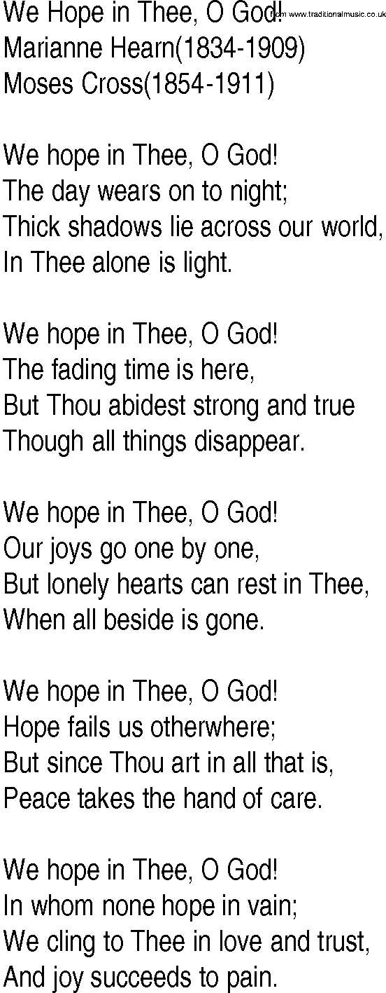 Hymn and Gospel Song: We Hope in Thee, O God! by Marianne Hearn lyrics