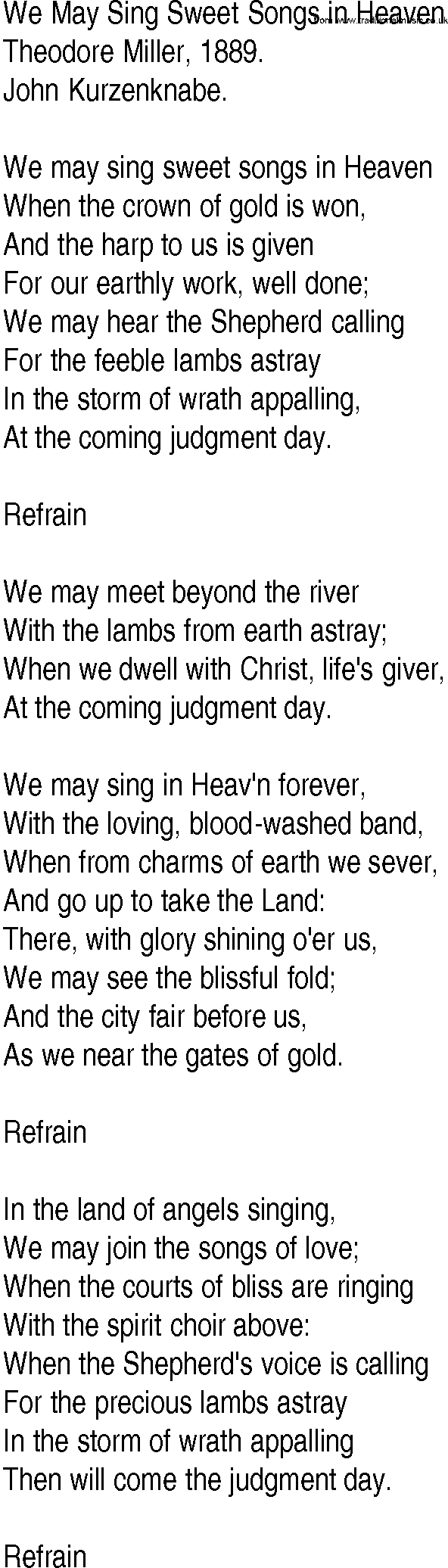 Hymn and Gospel Song: We May Sing Sweet Songs in Heaven by Theodore Miller lyrics