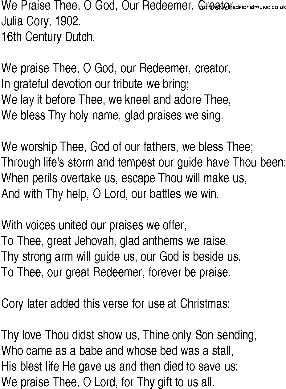 Hymn and Gospel Song: We Praise Thee, O God, Our Redeemer, Creator by Julia Cory lyrics