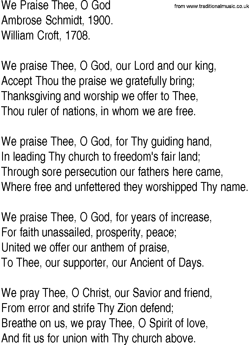 Hymn and Gospel Song: We Praise Thee, O God by Ambrose Schmidt lyrics