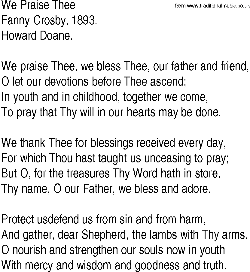 Hymn and Gospel Song: We Praise Thee by Fanny Crosby lyrics