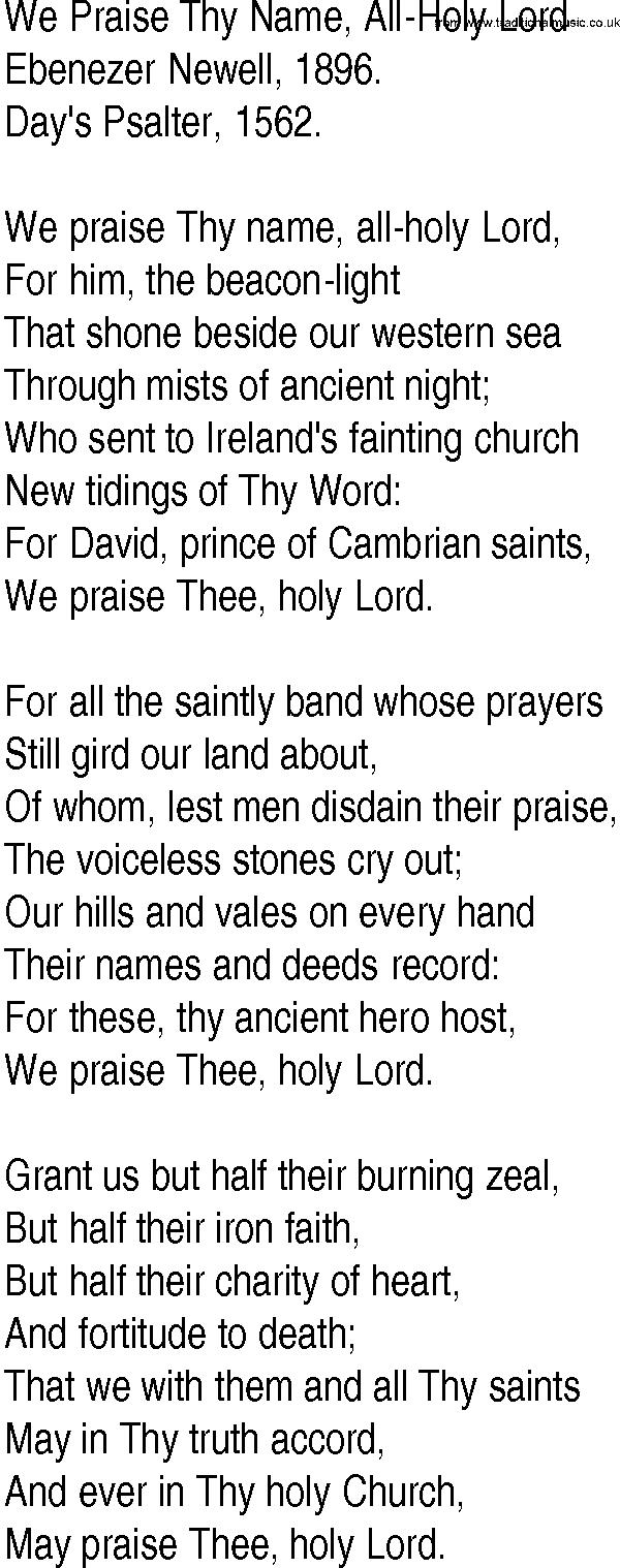 Hymn and Gospel Song: We Praise Thy Name, All-Holy Lord by Ebenezer Newell lyrics