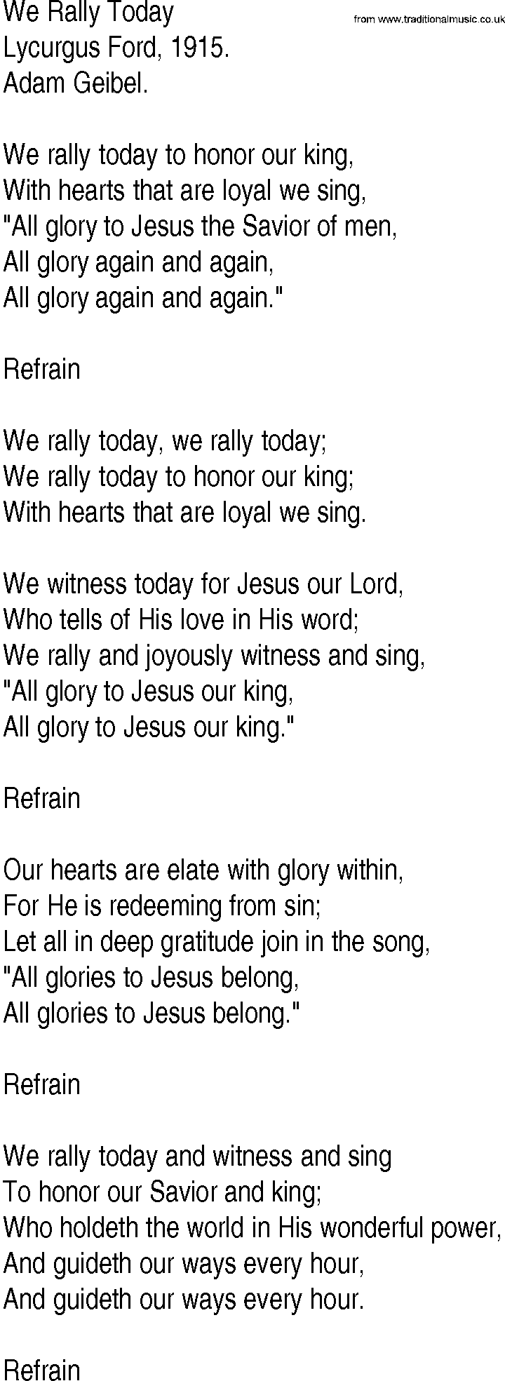 Hymn and Gospel Song: We Rally Today by Lycurgus Ford lyrics