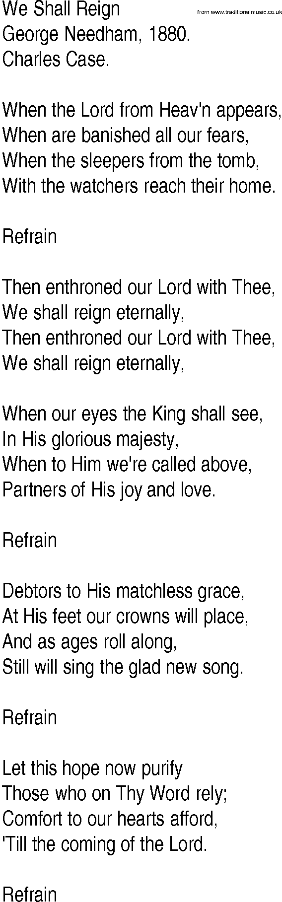 Hymn and Gospel Song: We Shall Reign by George Needham lyrics