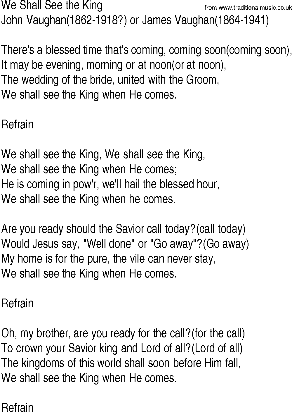 Hymn and Gospel Song: We Shall See the King by John Vaughan or James Vaughan lyrics