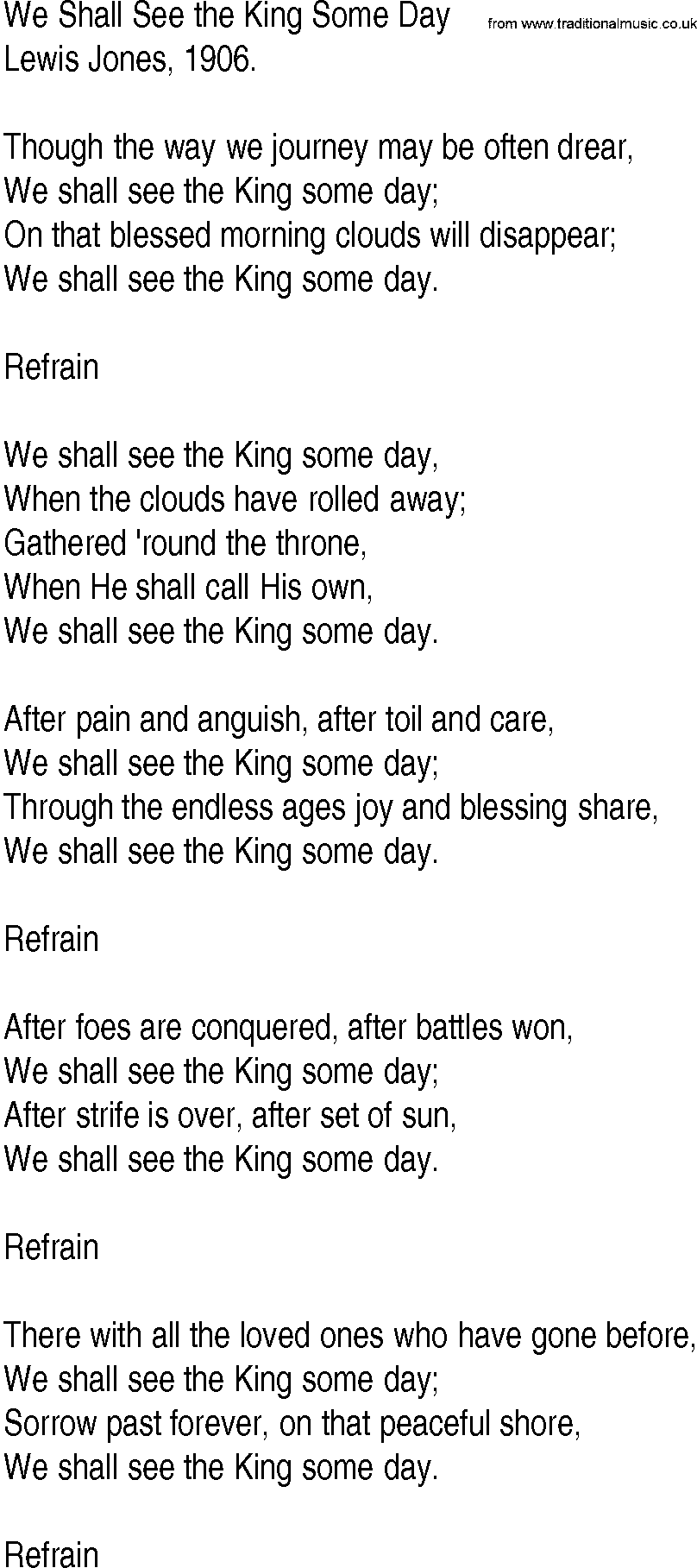 Hymn and Gospel Song: We Shall See the King Some Day by Lewis Jones lyrics
