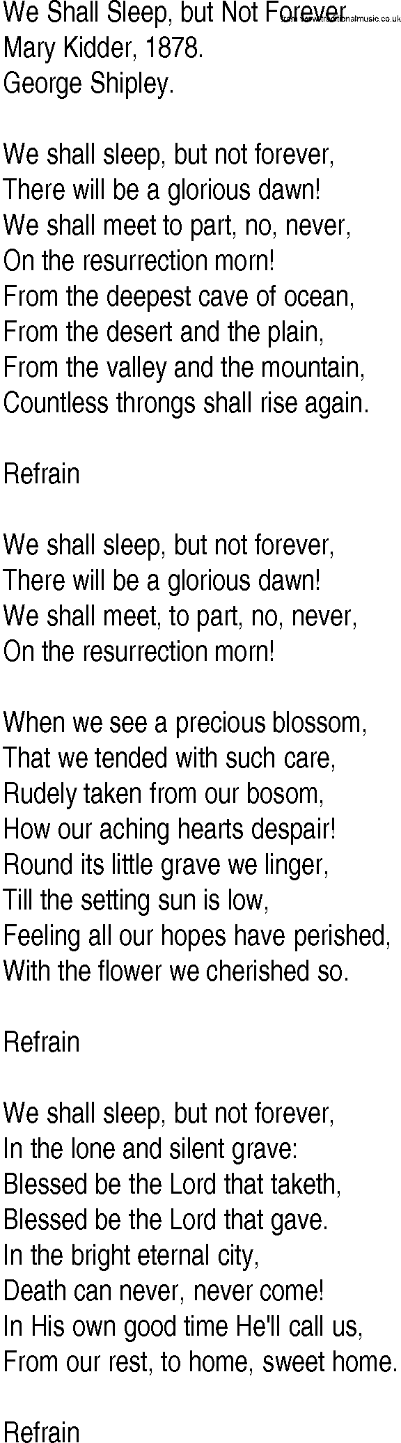 Hymn and Gospel Song: We Shall Sleep, but Not Forever by Mary Kidder lyrics