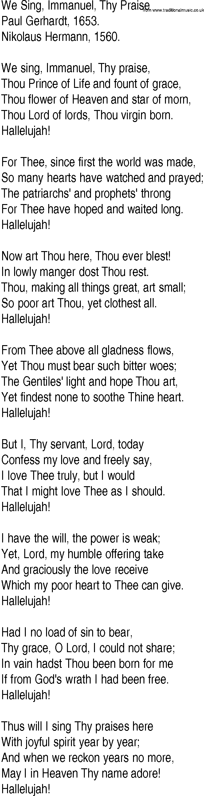 Hymn and Gospel Song: We Sing, Immanuel, Thy Praise by Paul Gerhardt lyrics
