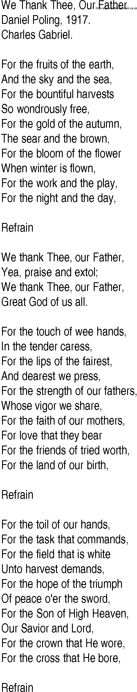 Hymn and Gospel Song: We Thank Thee, Our Father by Daniel Poling lyrics