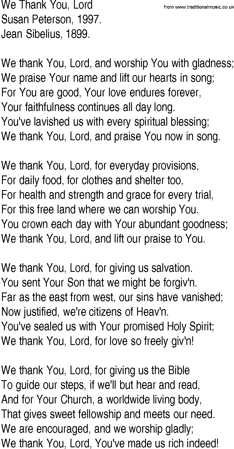 Hymn And Gospel Song Lyrics For We Thank You Lord By Susan Peterson