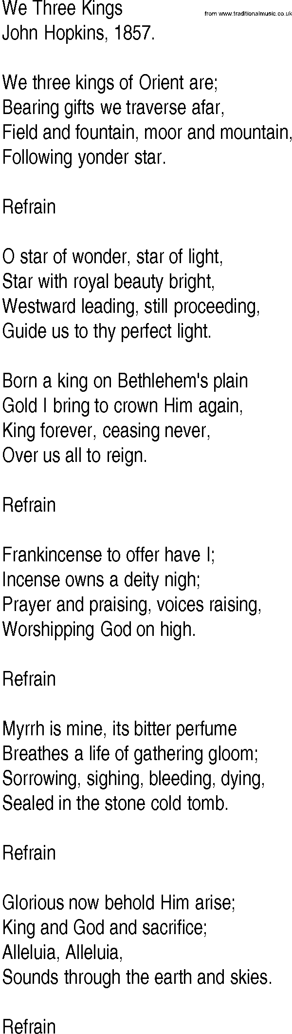 Hymn and Gospel Song Lyrics for We Three Kings by John Hopkins
