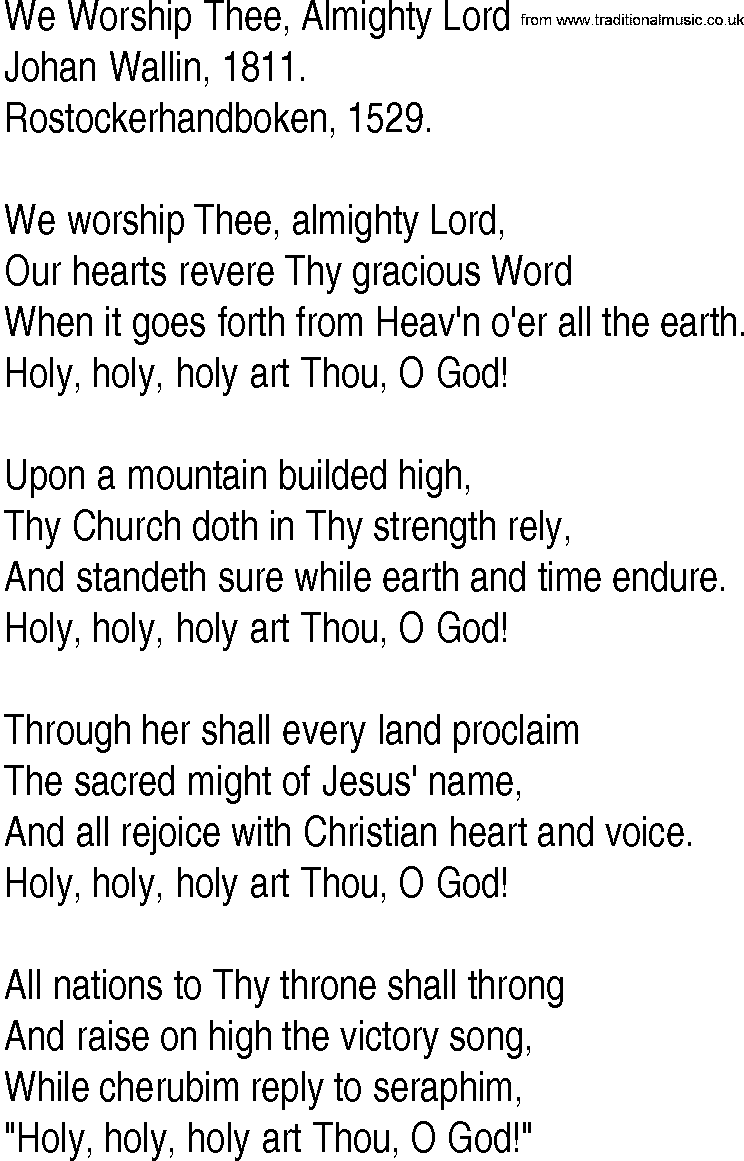 Hymn and Gospel Song: We Worship Thee, Almighty Lord by Johan Wallin lyrics