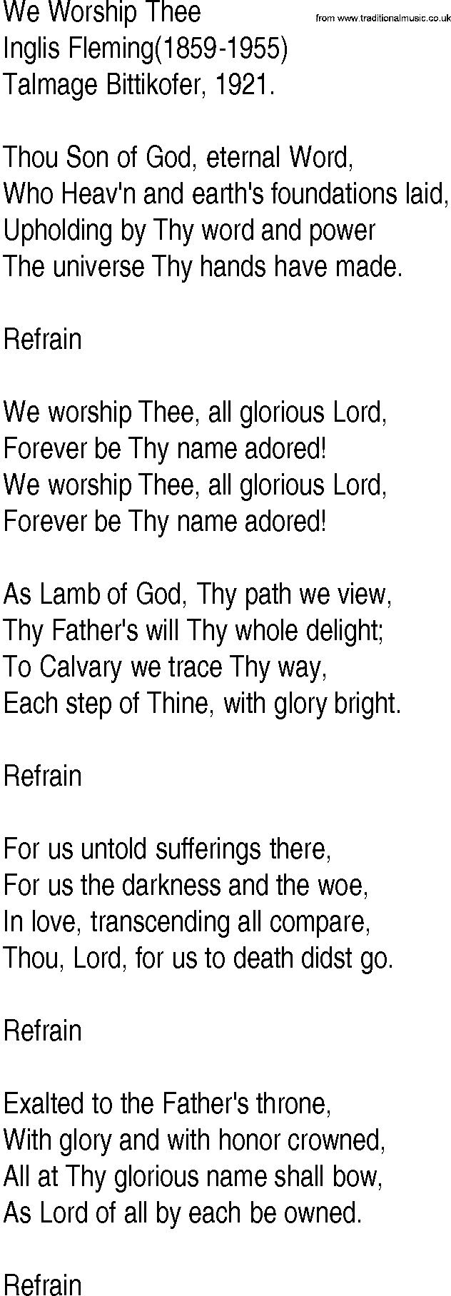 Hymn and Gospel Song: We Worship Thee by Inglis Fleming lyrics