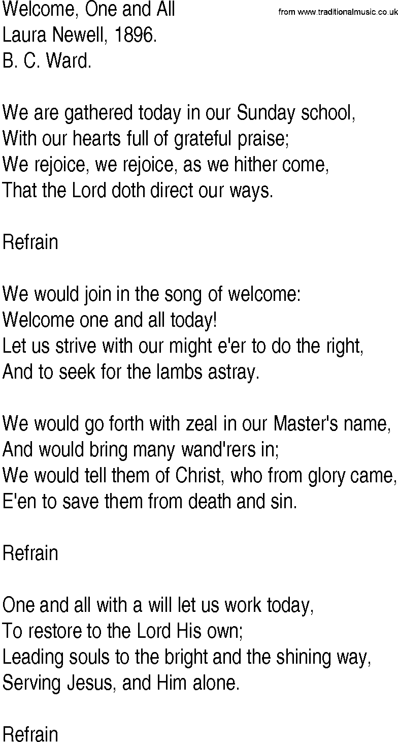 Hymn and Gospel Song: Welcome, One and All by Laura Newell lyrics