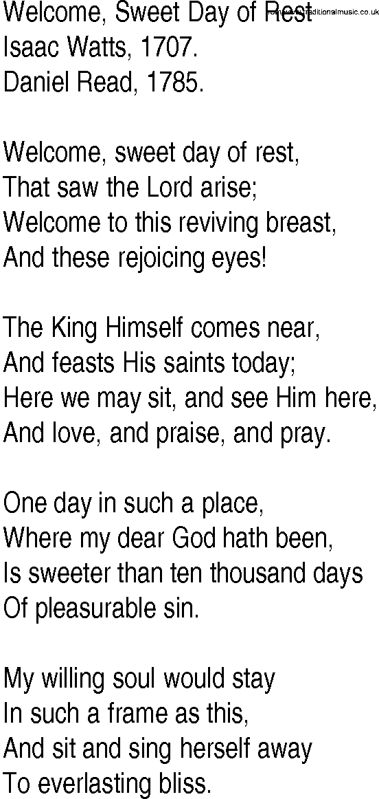Hymn and Gospel Song: Welcome, Sweet Day of Rest by Isaac Watts lyrics