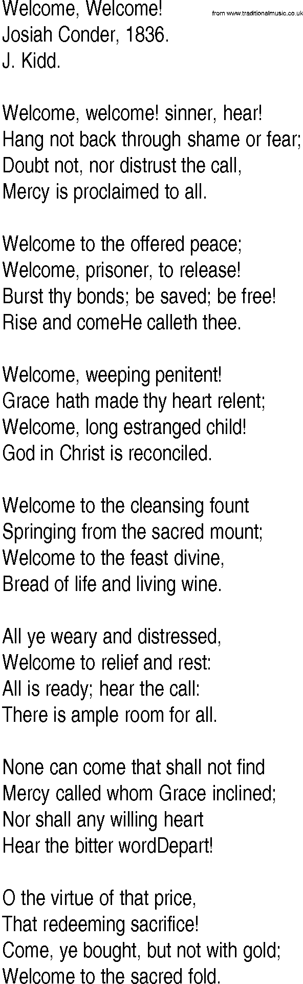 Hymn and Gospel Song: Welcome, Welcome! by Josiah Conder lyrics