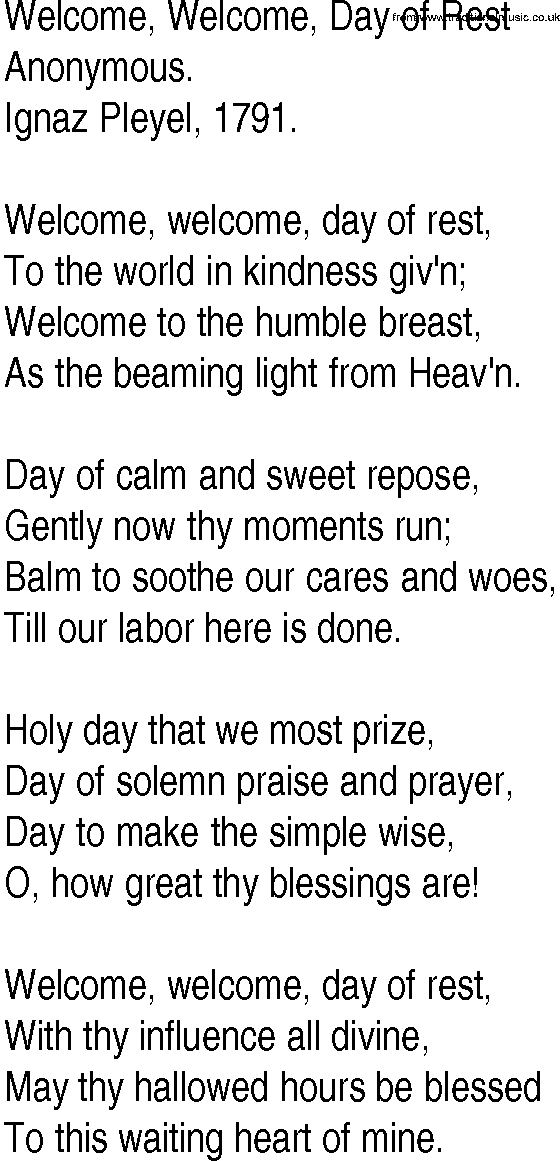 Hymn and Gospel Song: Welcome, Welcome, Day of Rest by Anonymous lyrics