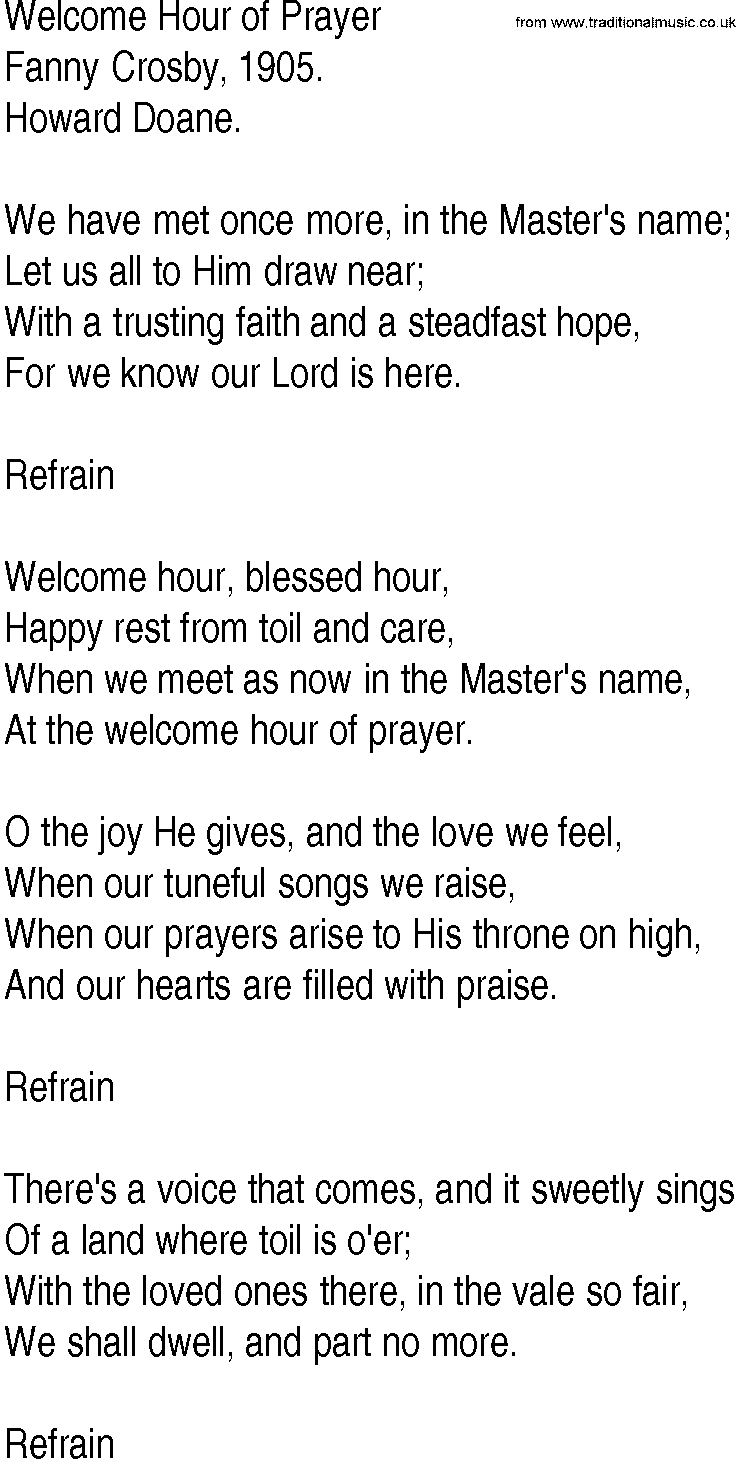 Hymn and Gospel Song: Welcome Hour of Prayer by Fanny Crosby lyrics