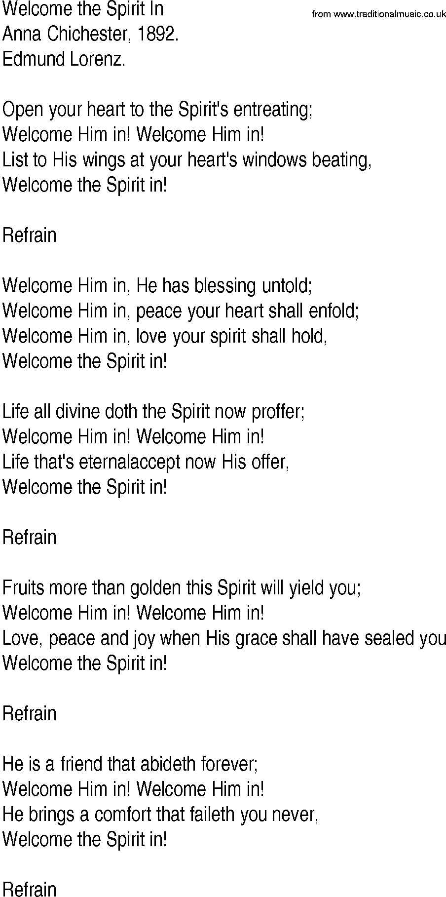 Hymn and Gospel Song: Welcome the Spirit In by Anna Chichester lyrics