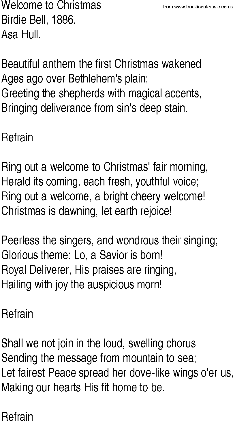 Hymn and Gospel Song: Welcome to Christmas by Birdie Bell lyrics