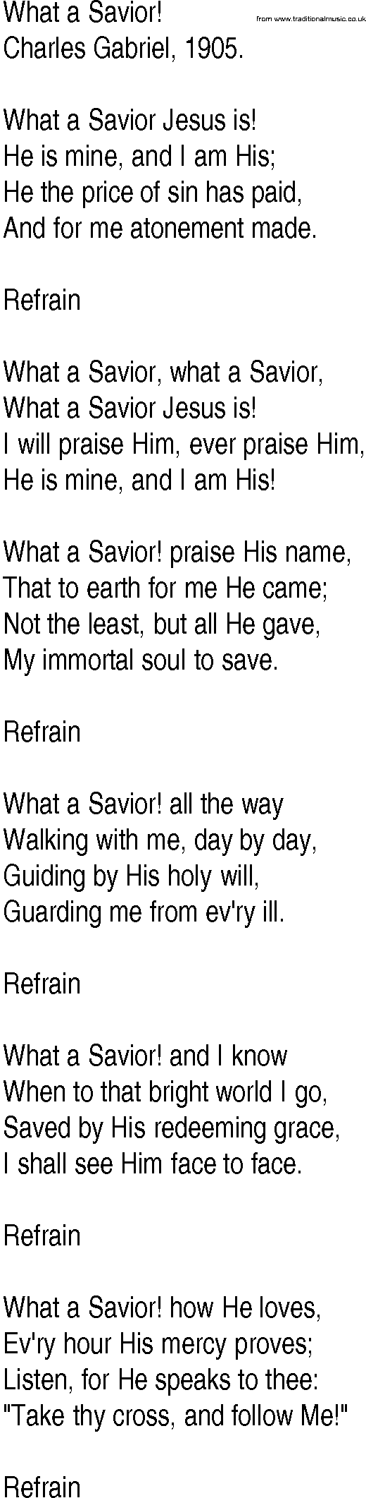 Hymn and Gospel Song: What a Savior! by Charles Gabriel lyrics