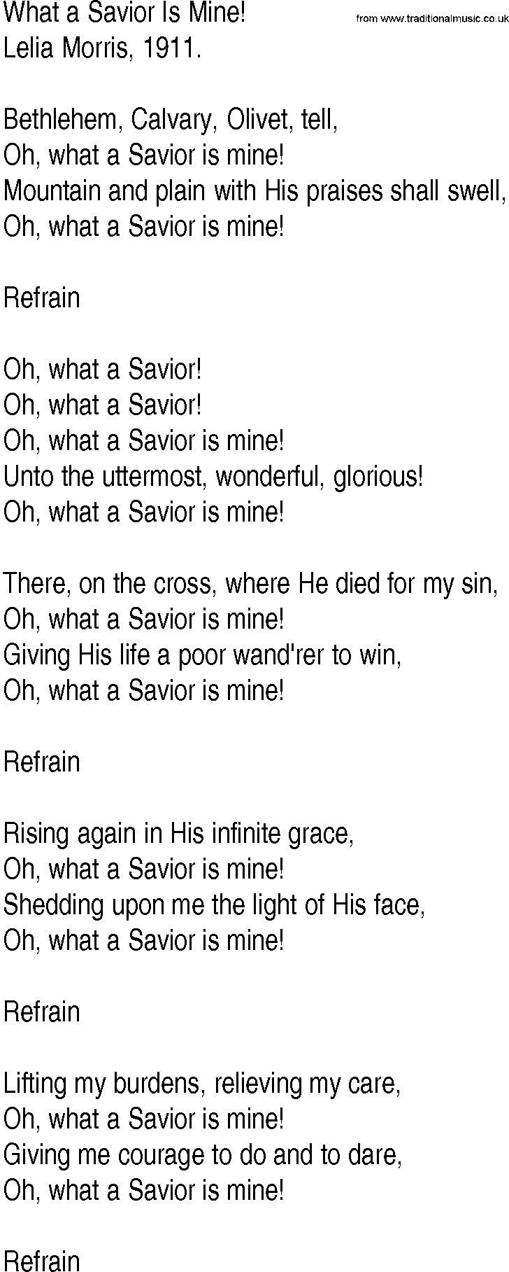 Hymn and Gospel Song: What a Savior Is Mine! by Lelia Morris lyrics