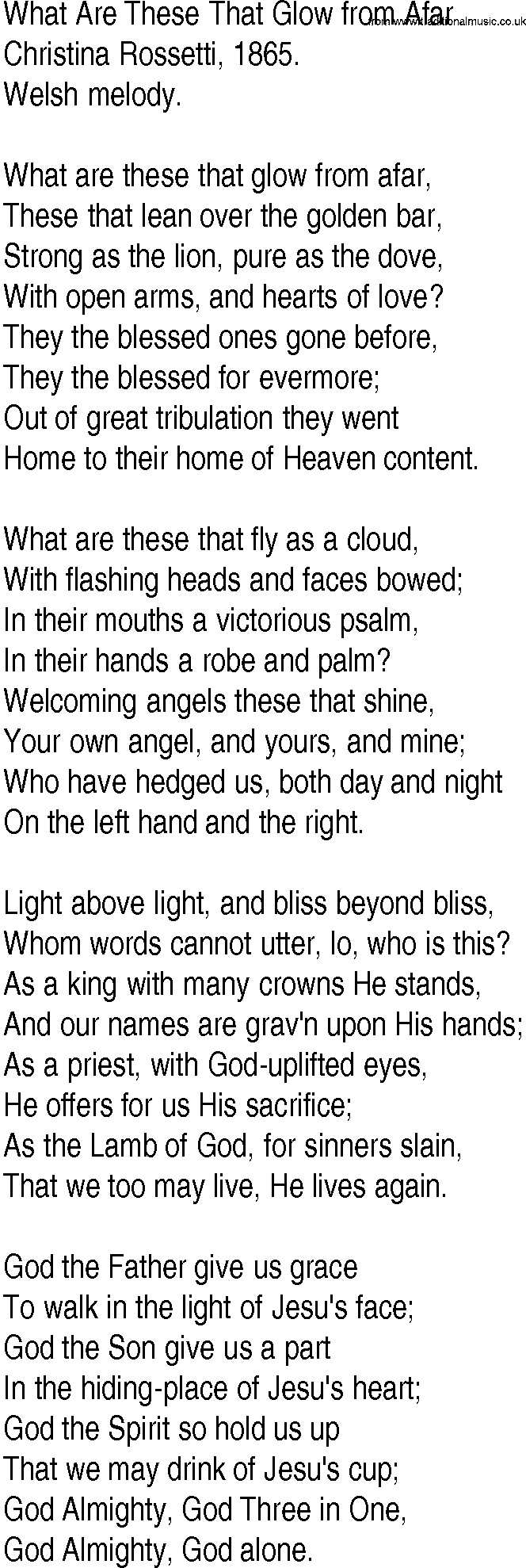 Hymn and Gospel Song: What Are These That Glow from Afar by Christina Rossetti lyrics