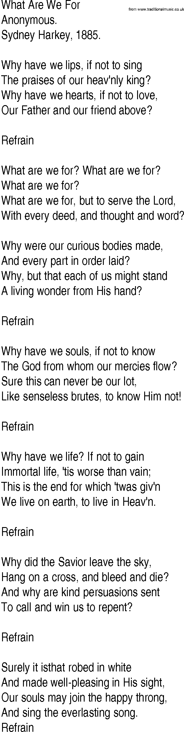 Hymn and Gospel Song: What Are We For by Anonymous lyrics