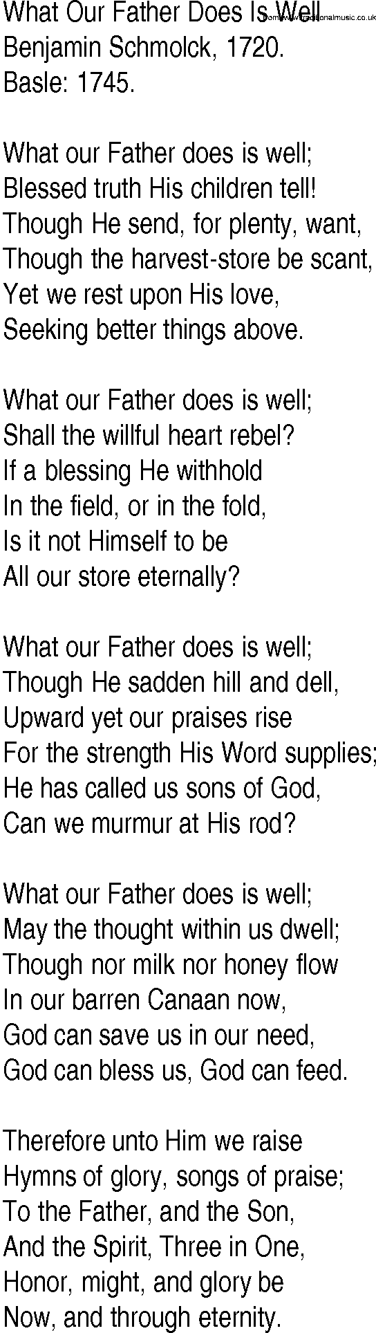 Hymn and Gospel Song: What Our Father Does Is Well by Benjamin Schmolck lyrics